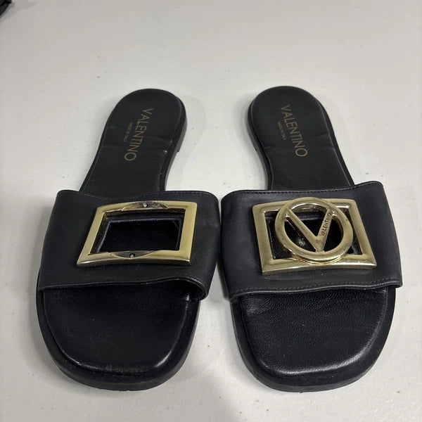 Valentino Garavani Slide Designer Leather Sandals Black Size 7