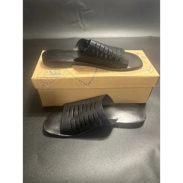 Free People NEW Slice of Sun Black Leather Slide Sandals Woven Slip On Size 8