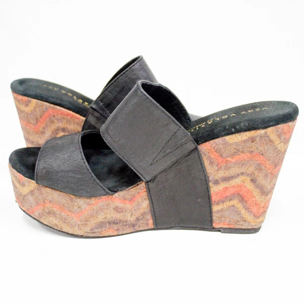 Very Volatile Los Angeles Wedge Sandals Black Leather Platform Women's Size 8