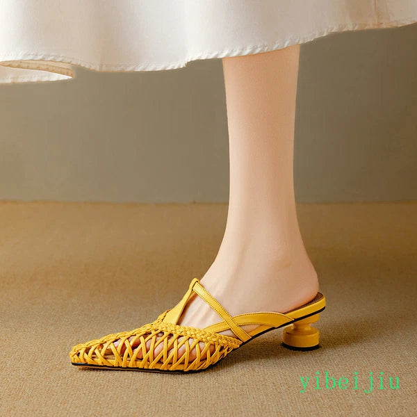 Women's Pointed Toe Hollow Out Weave Slides Mules Sandals Dress Shoes Leather OL