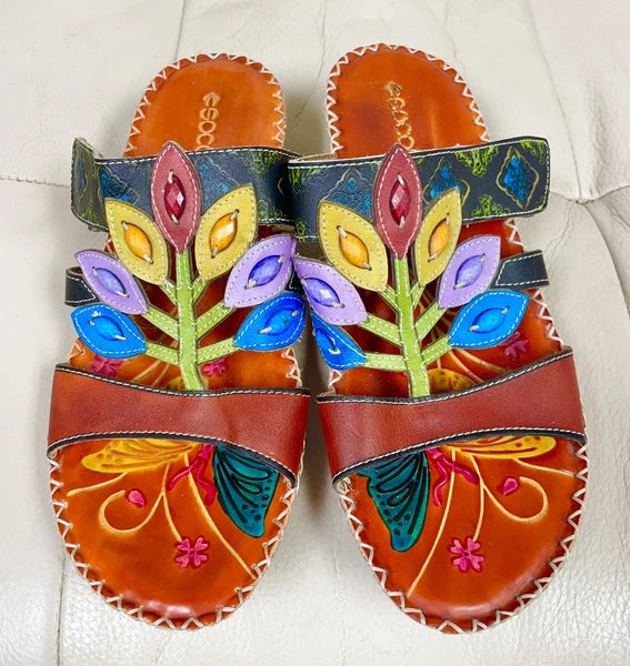 Socofy Colorful Sandals Women’s EU 42 US 10 Leather Leaf Cutout Style Slip On