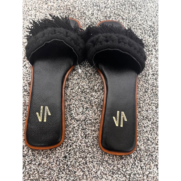 Silvia Cobos Black Candy Fringe Detail Square Toe Flat Slide Sandals
