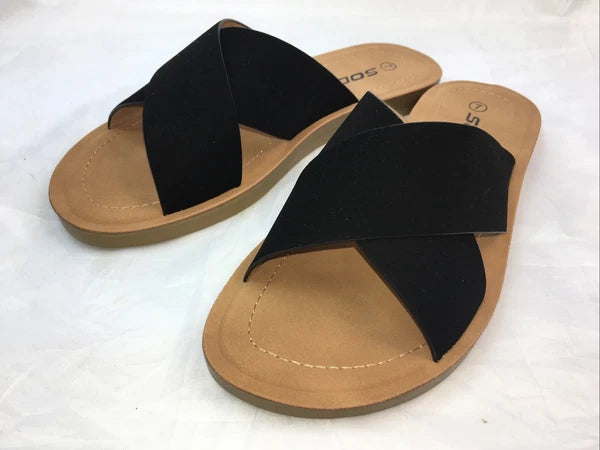 SODA-REFLECT-BLACK NUBUCK PU X BANDS Slide CASUAL Fashion Women Sandal Slip On