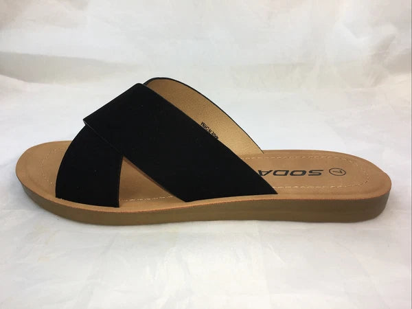 SODA-REFLECT-BLACK NUBUCK PU X BANDS Slide CASUAL Fashion Women Sandal Slip On